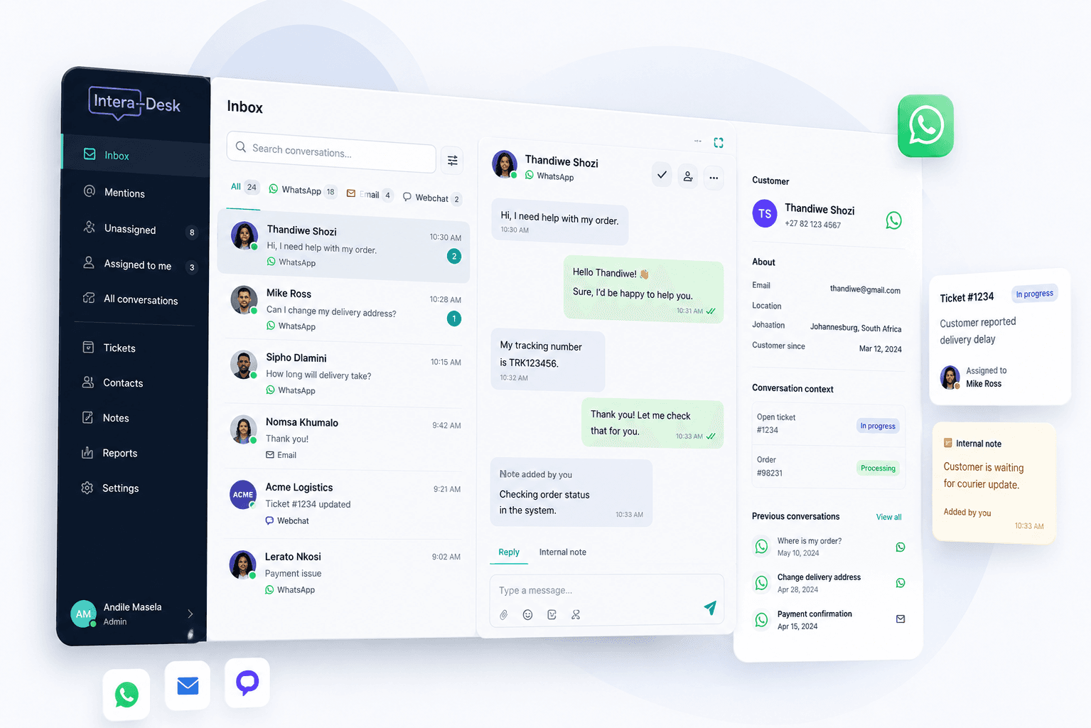 Hero product screenshot: Intera-Desk omnichannel inbox with WhatsApp conversation list, customer sidebar, and team assignment controls.