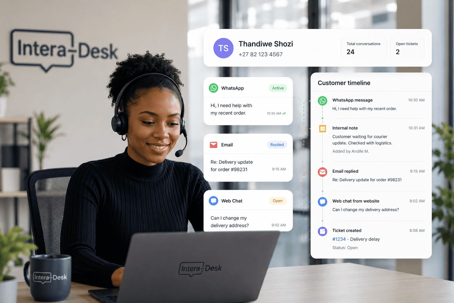 Lifestyle photo: support agent with headset beside floating UI cards showing WhatsApp, email, and web chat threads merged into one customer timeline.
